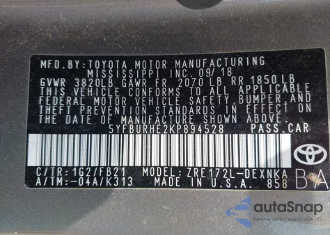 2019 Toyota Corolla Le из США, поврежденный, VIN 5YFBURHE2KP894528